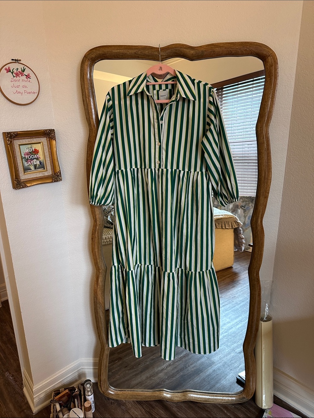 Maeve Green and White Vertical-Stripe Midi Shirt Dress